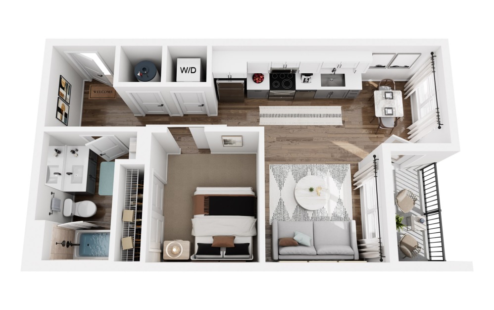 Bounce - Studio floorplan layout with 1 bathroom and 545 square feet (3D)