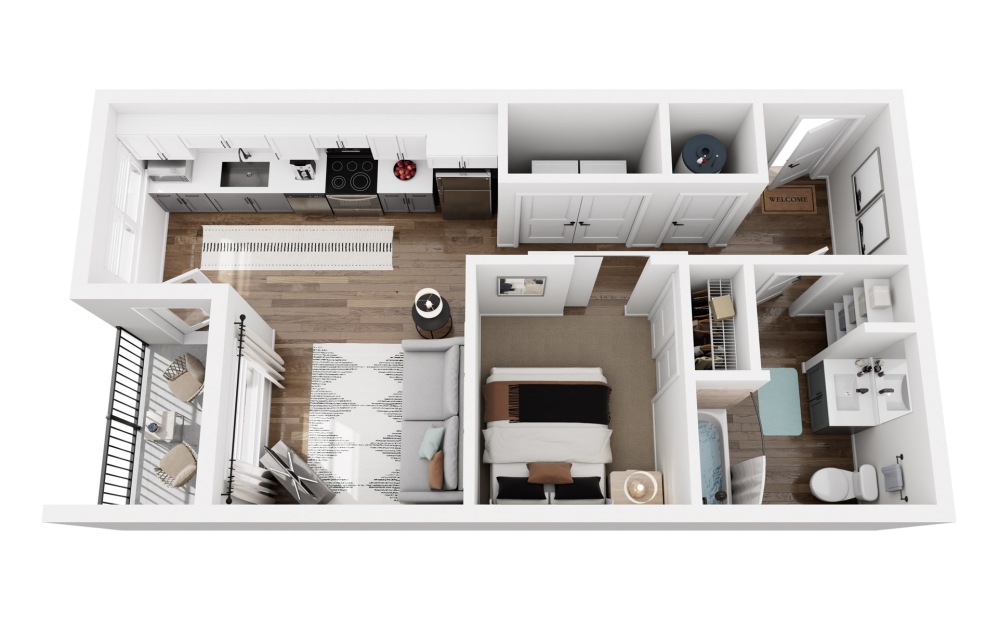 Current - Studio floorplan layout with 1 bathroom and 545 square feet (3D)