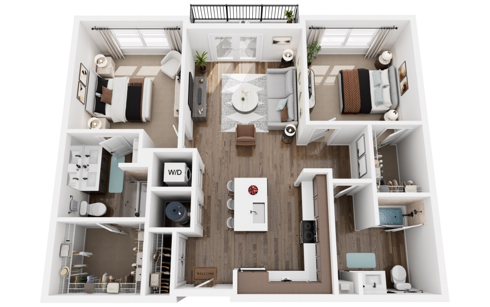 #5108 - 2 bedroom floorplan layout with 2 bathrooms and 1065 square feet (3D)
