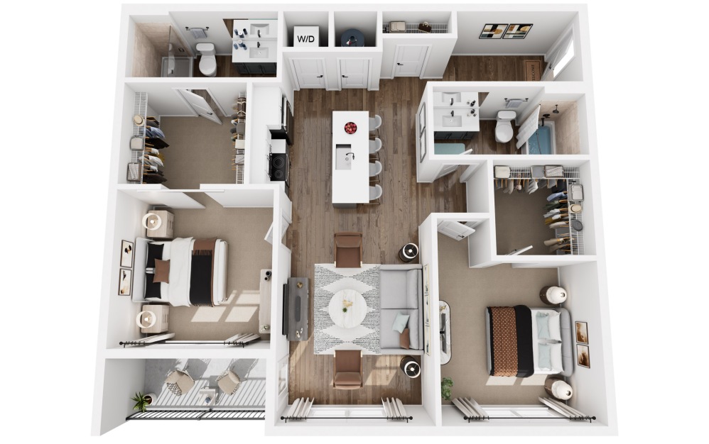 #130 - 2 bedroom floorplan layout with 2 bathrooms and 1135 square feet (3D)