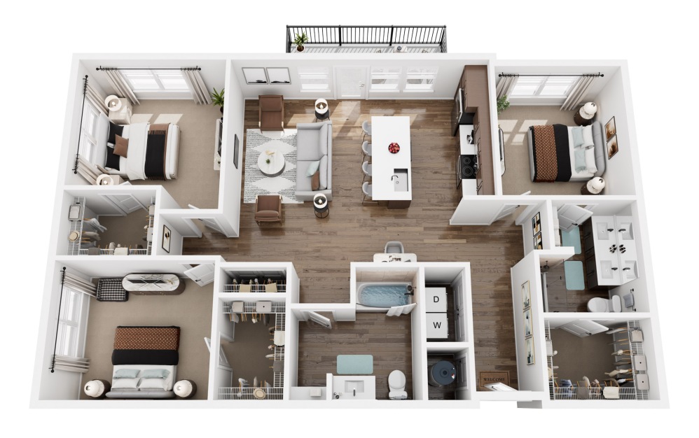 Harmony - 3 bedroom floorplan layout with 2 bathrooms and 1418 - 1495 square feet (3D)