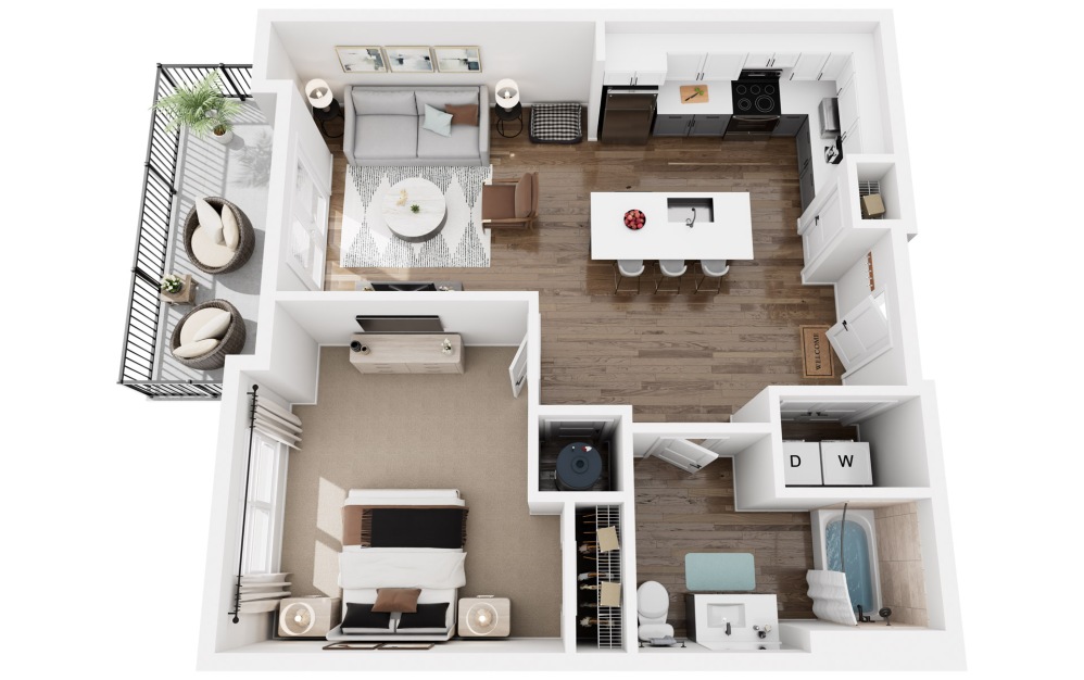 Interval - 1 bedroom floorplan layout with 1 bathroom and 831 square feet (3D)