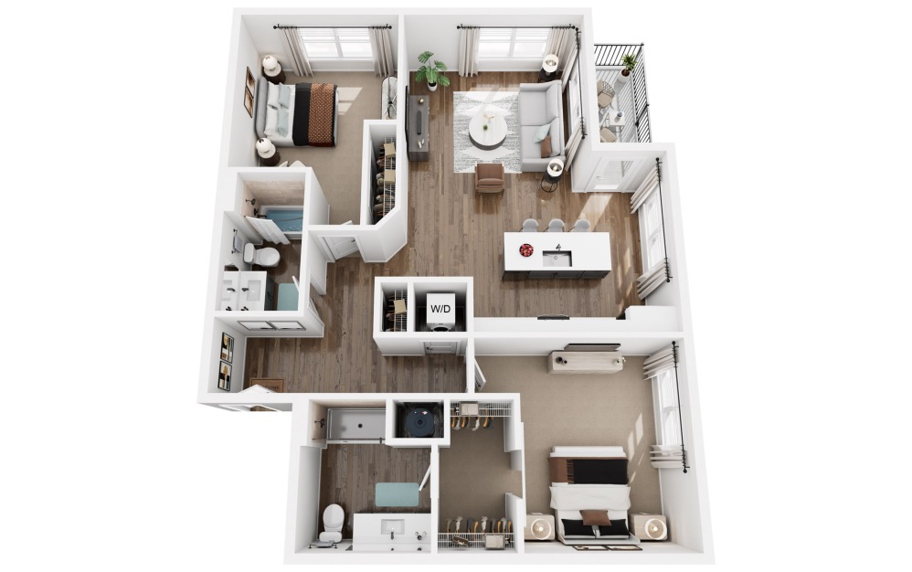 Spark - 2 bedroom floorplan layout with 2 bathrooms and 1186 square feet (3D)