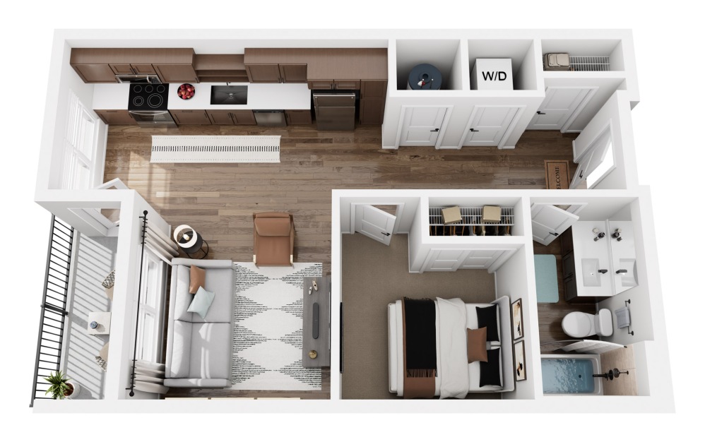 #5121 - Studio floorplan layout with 1 bathroom and 580 square feet (3D)