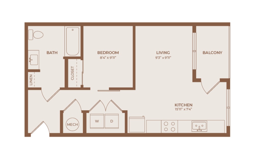 Current - Studio floorplan layout with 1 bathroom and 545 square feet